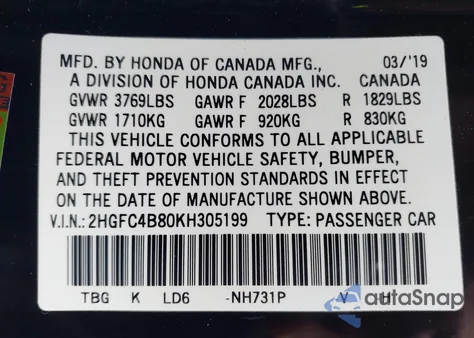 2019 Honda Civic Sport from USA, damaged, VIN 2HGFC4B80KH305199